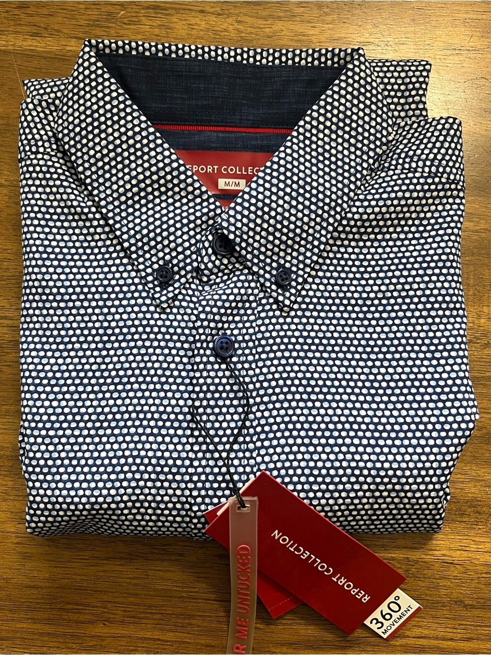 NWT Report Collection Navy and White Dot-Print Button-Down Shirt Mens Medium